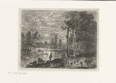 Paisaje de noche con granjeros y ganaderos. Pequeños paisajes (título de serie) de Lucas van Uden