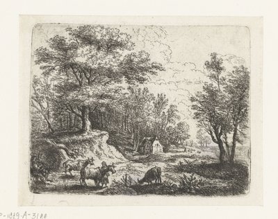 Paisaje con tres vacas y una mujer. Pequeños paisajes (título de serie) de Lucas van Uden
