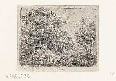 Paisaje con tres vacas y una mujer. Pequeños paisajes (título de serie) de Lucas van Uden