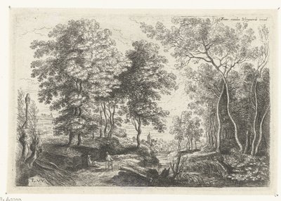 Paisaje con un arroyo a través de un bosque. Seis paisajes (título de la serie) de Lucas van Uden