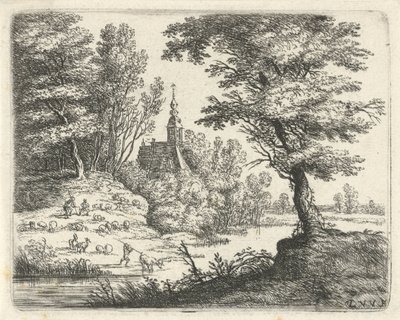 paisaje con pastores y ganado por un río Pequeños paisajes (título de serie) de Lucas van Uden