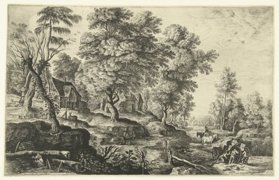 Paisaje con hombres empujando un carro de Lucas van Uden