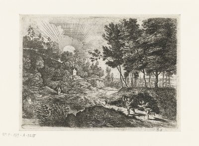 Paisaje con dos amorcillos Paisaje con un niño y una mujer con un cántaro Cinco paisajes (título de la serie) de Lucas van Uden