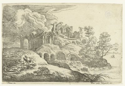 Ruinas junto a un lago Pequeños paisajes después de Tiziano (título de la serie) de Lucas van Uden