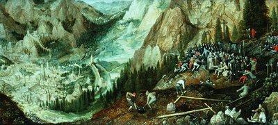 Paisaje con Jerusalén, Cristo llevando la Cruz y preparativos en la colina del Calvario de Lucas van Valckenborch
