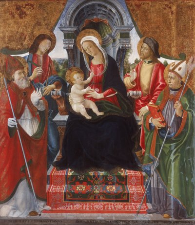 Virgen y Niño con los santos Nicolás, Sebastián, Roque y Martín de Lucchese School Late 15th Century