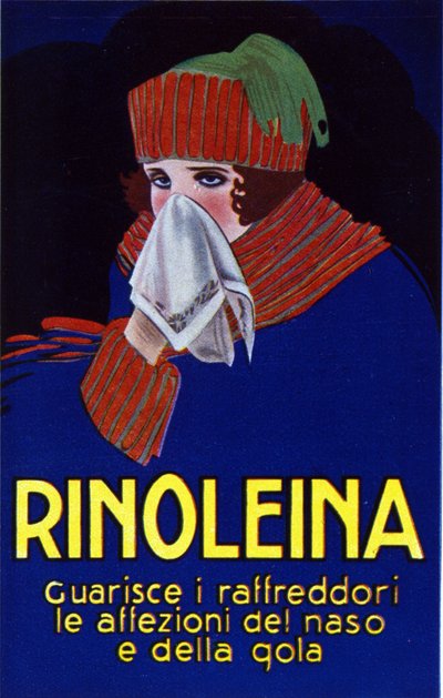 Publicidad del medicamento Rinoleina contra los resfriados, el dolor de garganta y la tos. Ilustración de Lucien Achille Mauzan (1883 - 1952). de Luciano Achille Mauzan