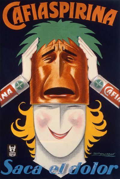 Cartel producido en Argentina para anunciar la aspirina Cafiaspirina (litografía en color) de Luciano Achille Mauzan