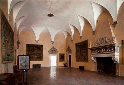 Salón del Palacio Ducal realizado bajo el reinado del Duque Federico da Montefeltro (Federico de Montefeltro, Duque de Urbino) diseñado por el arquitecto Luciano Laurana (1420-1479) y completado por Francesco di Giorgio Martini. Siglo XV. Urbino, Italia de Luciano Laurana
