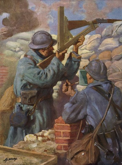 Soldado francés usando un rifle de francotirador especialmente adaptado con periscopio en las trincheras, Primera Guerra Mundial de Lucien Hector Jonas