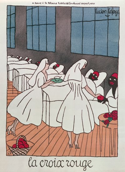 Enfermeras de la Cruz Roja atendiendo a soldados heridos durante la 1ª Guerra Mundial, c.1915 (litografía en color) de Lucien Laforge
