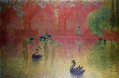 Ninfas bañándose en un paisaje oriental (óleo sobre tabla) de Lucien Levy Dhurmer