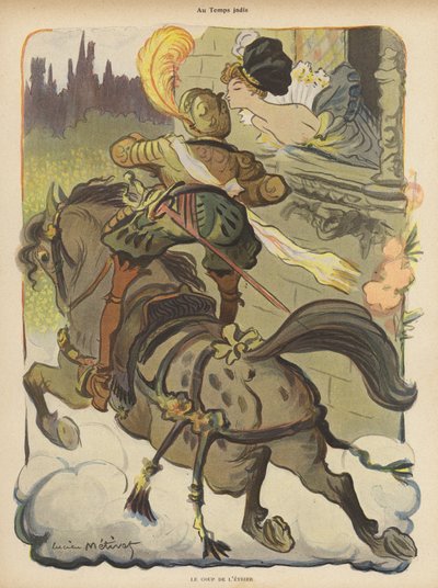 Jinete de pie en sus estribos para recibir un beso de una dama mientras pasa a su lado de Lucien Metivet