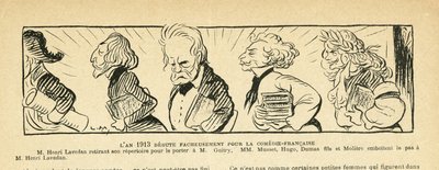 Ilustración en Le Rire, 04/01/13 - el año 1913... - Teatro, Comédie Française - Hugo Victor, Dumas Alexandre (hijo), Lavedan Henri (1859-1940), Guitry Sacha, Musset Alfred, Molière (grabado) de Lucien Metivet