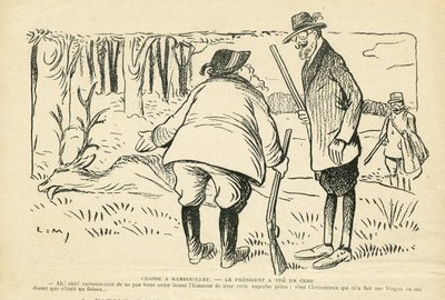Ilustración en Le Rire, 05/12/08 - Caza en Rambouillet - Naturaleza Vegetación, Caza cazador, Presidente de la República, Rambouillet - Clemenceau Georges, Fallieres Armand (1841-1931), Ciervo de Lucien Metivet