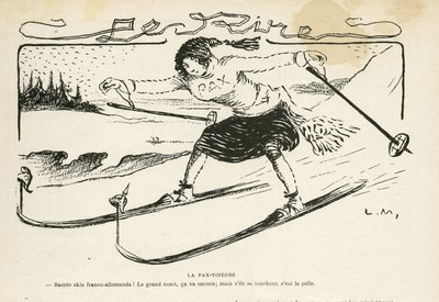 Ilustración en Le Rire, 24/02/12 - La pax-tineuse - Alemania Prusia, Deporte, Paz, Esquí, Nieve, Relaciones franco-alemanas, Primera Guerra Mundial - Marianne - Deporte, Alegoría (grabado) de Lucien Metivet