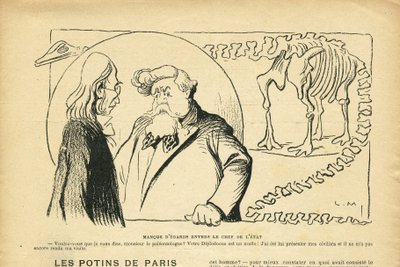 Ilustración en Le Rire, 27/06/08 - Desprecio por el Jefe de Estado - Presidente de la República, Dinosaurio, Paleontología - Fallieres Armand (1841-1931), Dinosaurio, Diplodocus (grabado) de Lucien Metivet