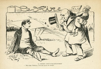 Ilustración en Le Rire, 30/03/12 - La carrera Limoux-Palais-Bourbon - Elecciones, Aviación - Vedrines Jules (1881-1919) (grabado) de Lucien Metivet