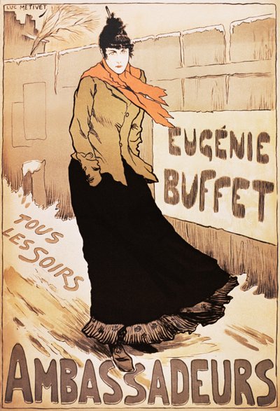 Cartel vintage de la cantante francesa Eugenie Buffet caminando en la nieve de Lucien Metivet