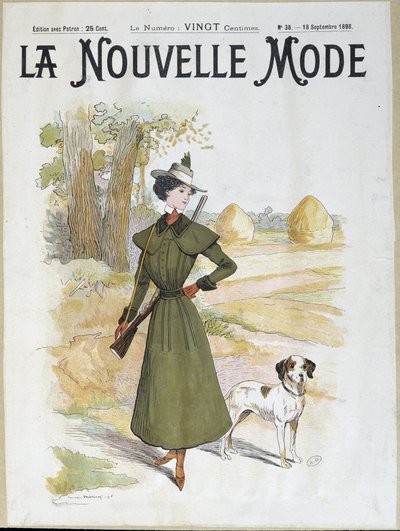 Mujer en atuendo de caza con un rifle - en "La Nouvelle Mode" de sept. 1898 de Lucien Metivet