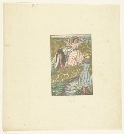 Una niña y dos mujeres junto a un arroyo. reina de los peces de Lucien Pissarro