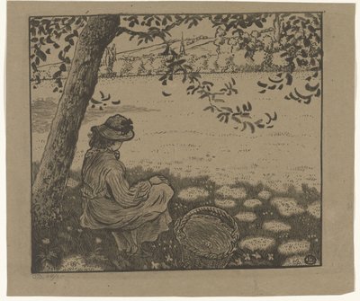 niña, debajo, un, árbol, en, un, pradera de Lucien Pissarro