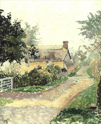 La cabaña en la niebla, estanque de peces de Lucien Pissarro