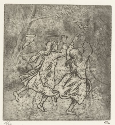 Dos niñas atrapando mariposas de Lucien Pissarro