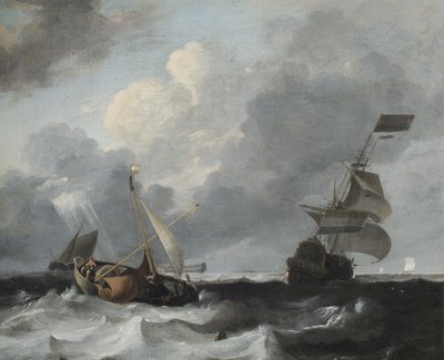 Una tormenta en la costa con barcos de guerra y barcos de pesca de Ludolf Backhuysen
