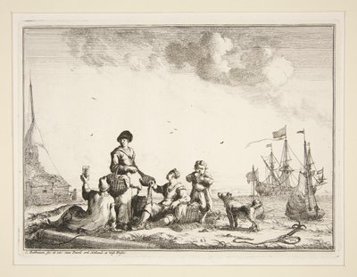 Puerto con marineros y un vendedor ambulante de pescado de Ludolf Backhuysen