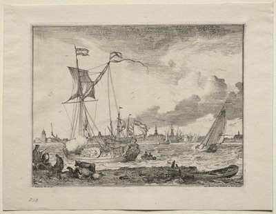 Vista de Ámsterdam con barcos en primer plano de Ludolf Backhuysen