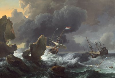 Barcos en peligro frente a una costa rocosa, 1667 de Ludolf Backhuysen I