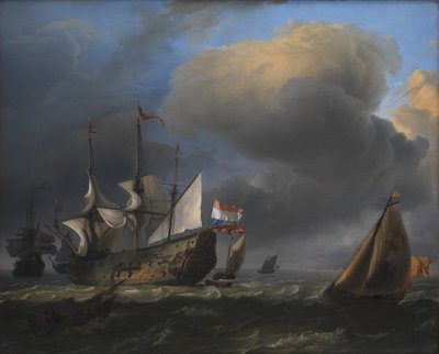 Paisaje marino con barcos de guerra holandeses y barcos de pesca de Ludolf Bakhuizen