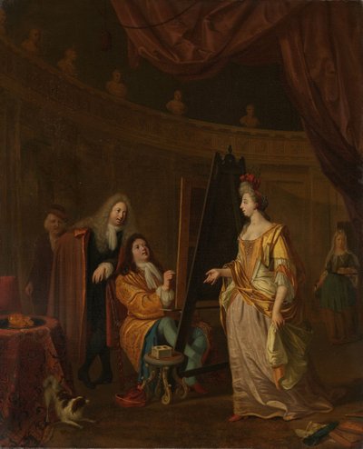 Un artista en su estudio, pintando el retrato de una dama de Ludolf Bakhuysen