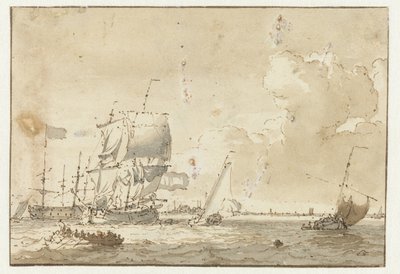 Barcos en el agua para una ciudad de Ludolf Bakhuysen