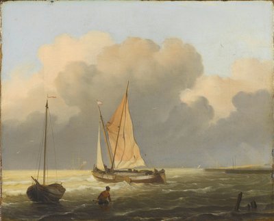 Mares de la costa, con la barcaza Spritsail de Ludolf Bakhuysen