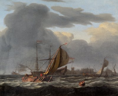 Un buque de guerra anclado en un mar embravecido (óleo sobre lienzo) de Ludolf I Backhuysen