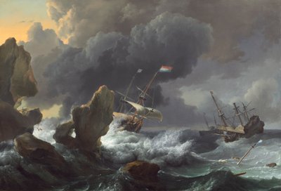 Barcos en peligro frente a una costa rocosa de Ludolf I Backhuysen