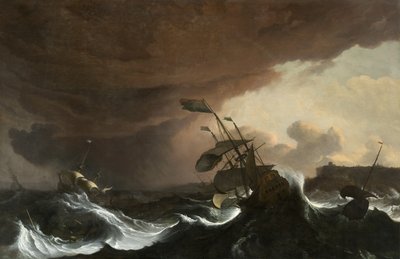 Barcos en un mar tormentoso frente a una costa, circa 1700-1705 de Ludolf I Backhuysen
