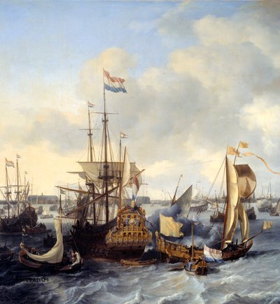 Vista del puerto de Ámsterdam desde Ij (detalle) de Ludolf I Backhuysen