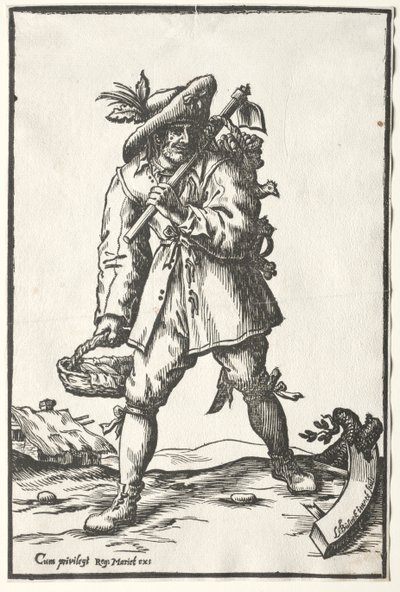 Campesino con azada, cesta y gallina de Ludolph Büsinck