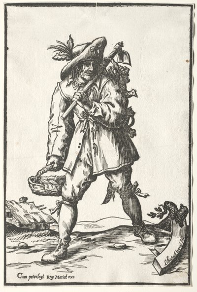 Campesino con azada, cesta y gallina de Ludolph Büsinck