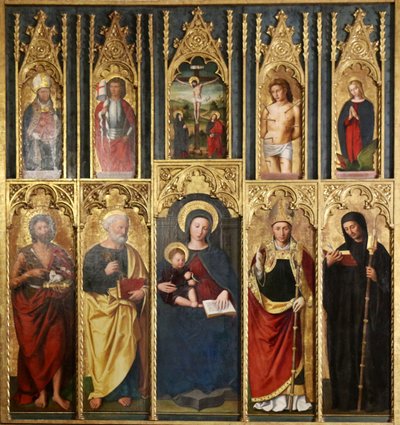 Retablo, 10 pinturas: Virgen con el Niño entre San Juan Bautista y San Pedro, Un obispo y un abad, Cristo en la cruz entre San Juan y la Virgen, San Martín y San Víctor, San Sebastián y Santa Margarita. de Ludovico Brea
