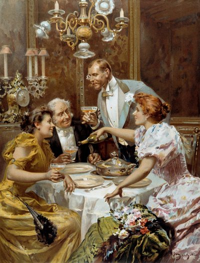 Hermoso tiempo: “la buena cena” Dos parejas en un salón privado beben champán. Ilustración de Ludovico Marchetti (1853-1909) 1893 Colección privada de Ludovico Marchetti