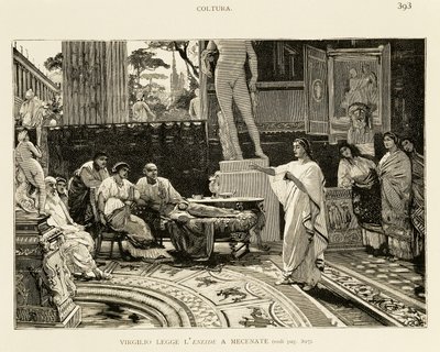 Mecenas escuchando a Virgilio leyendo la Eneida, ilustración de Lodovico Pogliaghi (1857-1950) para Historia temprana de Roma, de Francesco Bertolini (1836-1909), edición Fratelli Treves, Milán de Ludovico Pogliaghi