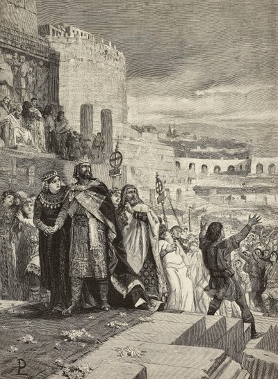 Matrimonio de Ugo y Marozia, cortejo nupcial en presencia del Papa, grabado de E. Mancastroppa a partir de un cuadro de Lodovico Pogliaghi (1857-1950), de L
