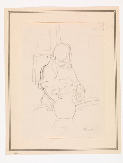 Niña de pie junto a una mesa con un jarrón de Ludvig Find