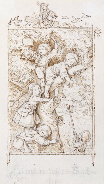 Caza de ciruelas con gorriones de Ludwig Adrian Richter