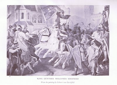 El rey Gunther da la bienvenida a Siegfried de Ludwig Ferdinand Schnorr von Carolsfeld