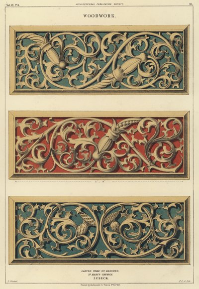 Trabajo en madera tallada en los bancos de la Iglesia de Santa María, Lubeck, Alemania de Ludwig Gruner